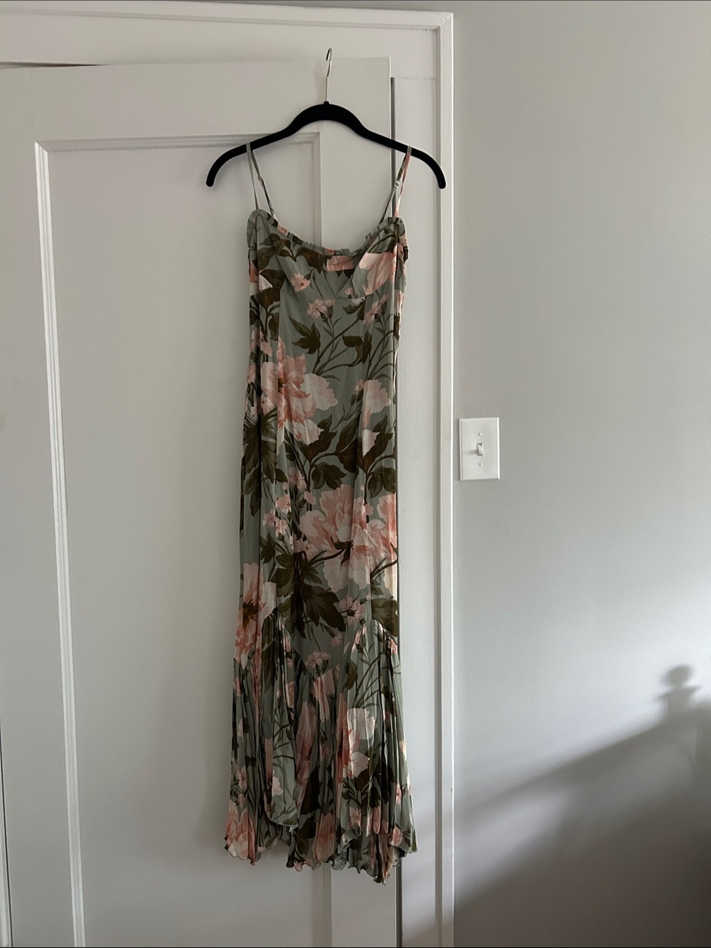 Reformation Sage Green Slip Dress with Pink Floral Print - Aiko Dress